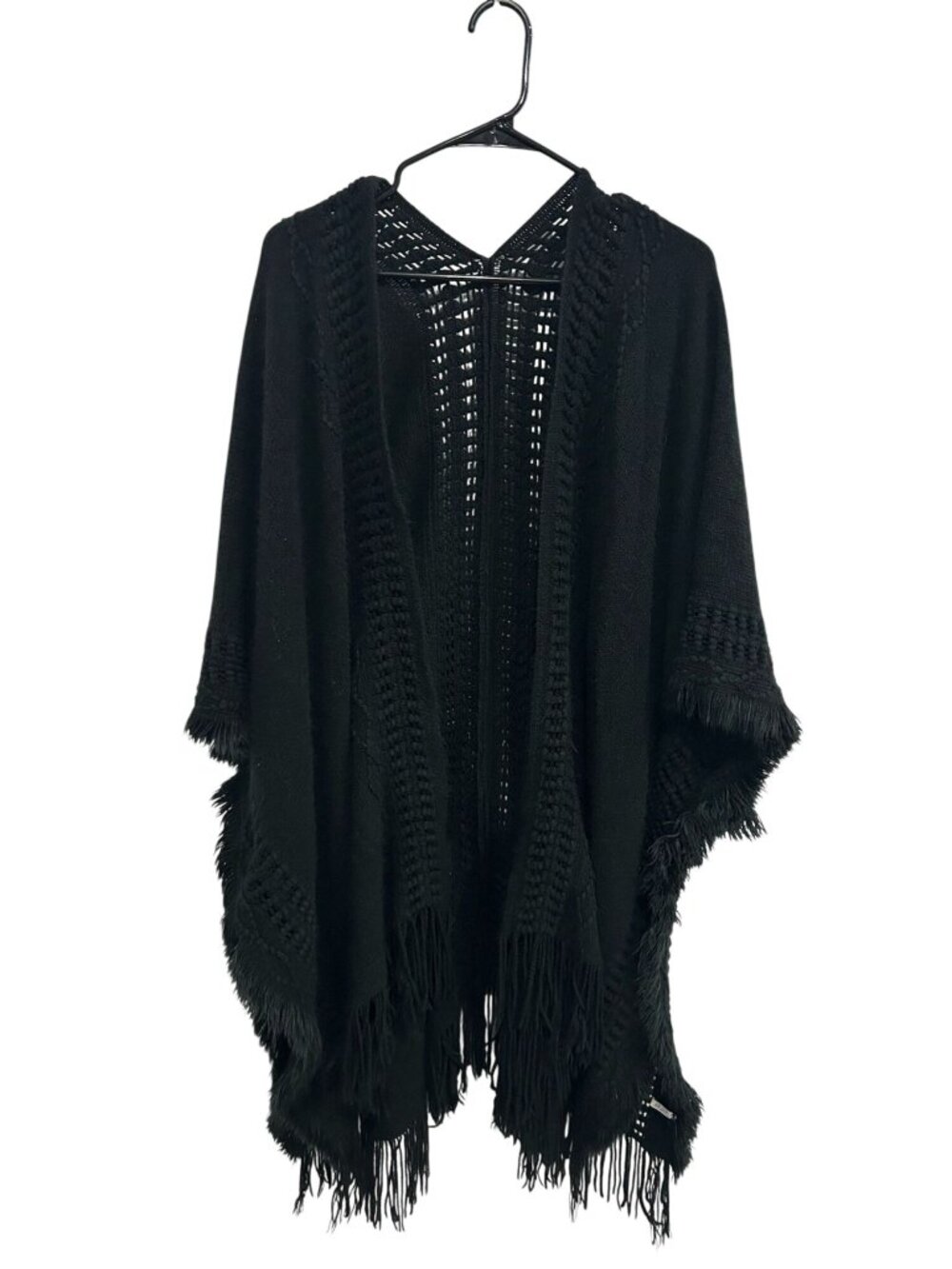 One Size Black Fringe Open Knit Poncho Shawl Wrap Fringe Hem Boho Chic Festival